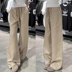 卡其色冰丝棉麻阔腿裤女夏季薄款高腰垂感直筒裤慵懒亚麻休闲裤子