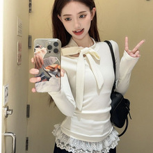2025设计感时尚蝴蝶结长袖打底衫女早秋新款蕾丝拼接短款百搭上衣