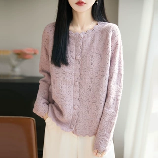 【厂家直供】春季新款纯色花边领条纹针织开衫外套女时尚洋气外搭