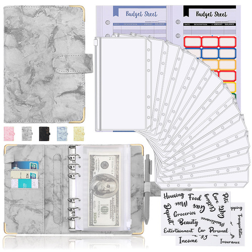 Cross-border A6 wire-bound notebook diary with marble texture leather PU 6-hole wire-o notebook cash budget