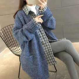 2024秋上新单件/假两件】秋冬外套遮肉女中长款针织开衫毛衣宽松