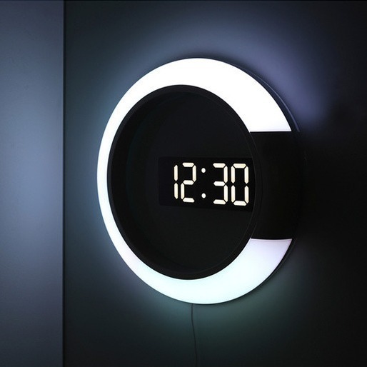 LED鏡面透かし彫り掛け時計多機能クリエイティブ時計家庭用リビングルームのベッドの夜の光調節可能な目覚まし時計|undefined