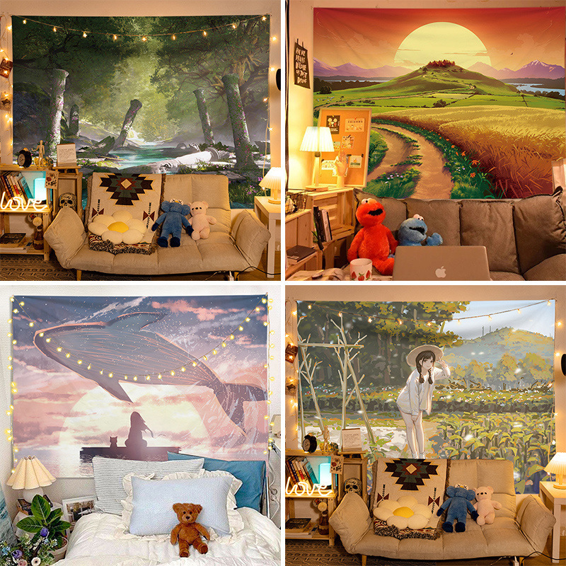 Beautiful Japanese-Style Healing Background Cloth Ins Bedroom Room Bedside Wall Decoration Wall Cloth Hanging Cloth Popular Tapestry