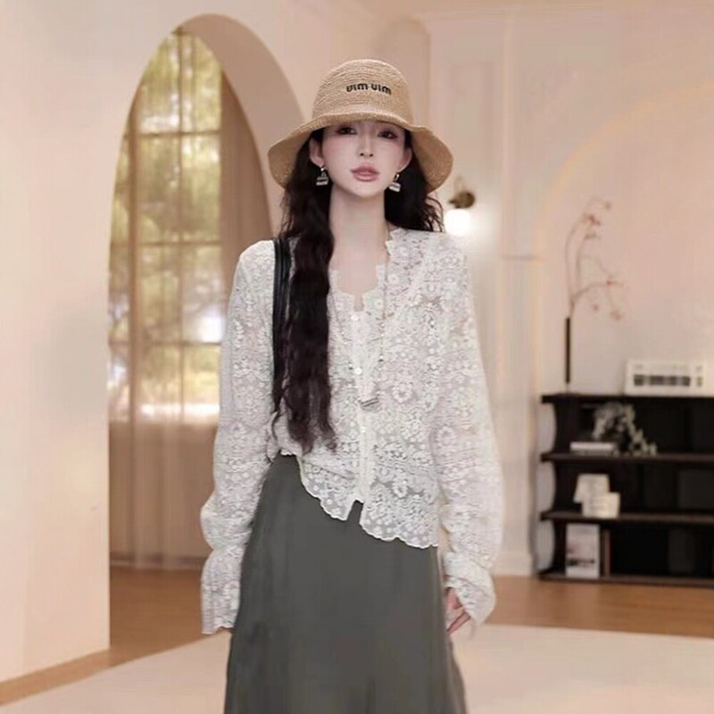 In stock and ready to ship}French-style cotton lace cardigan for women, new V-neck hollow-out long-sleeve shirt top, versatile and slimming blouse In stock and ready to ship}French-style cotton lace cardigan for women, new V-neck hollow-out long-sleeve shirt top, versatile and slimming blouse