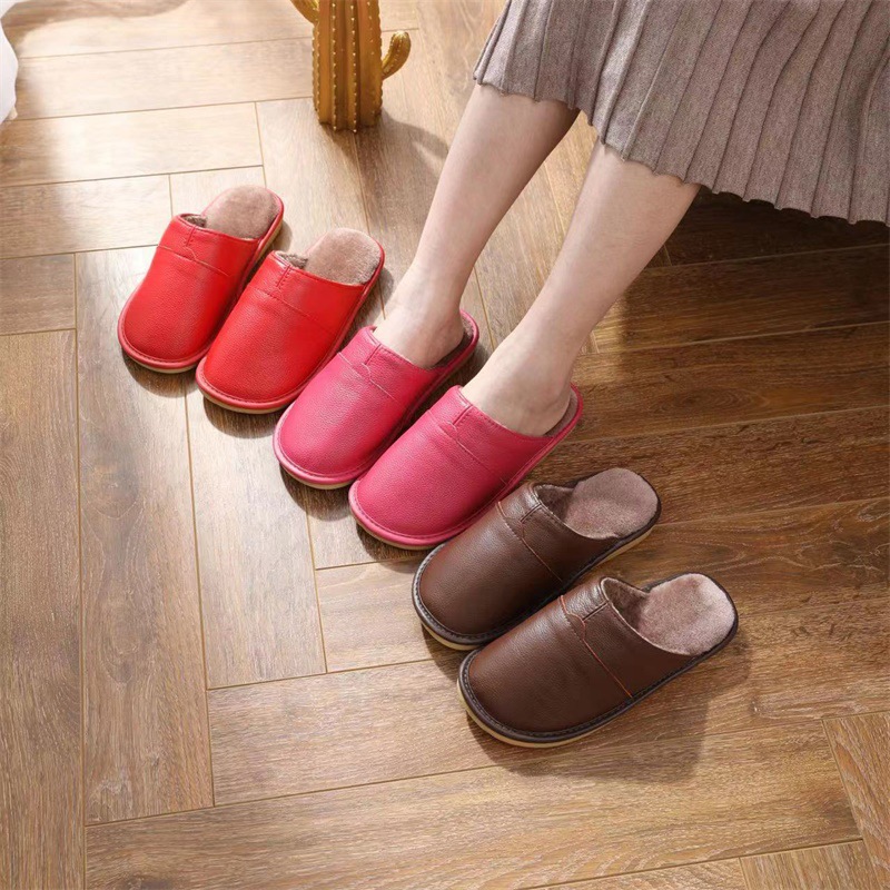 【 Top layer cowhide 】 Genuine leather home leather slippers for men and women, anti slip, winter gift giving, warm cotton slippers