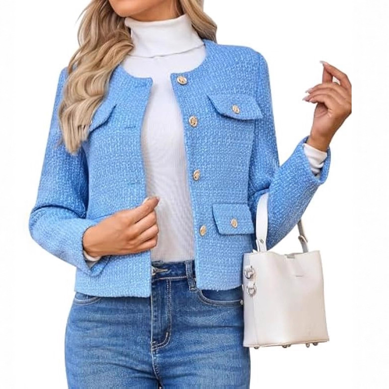 Chaqueta Corta de Tweed de Poliéster con Cuello Redondo y Botones para Trabajo image 4