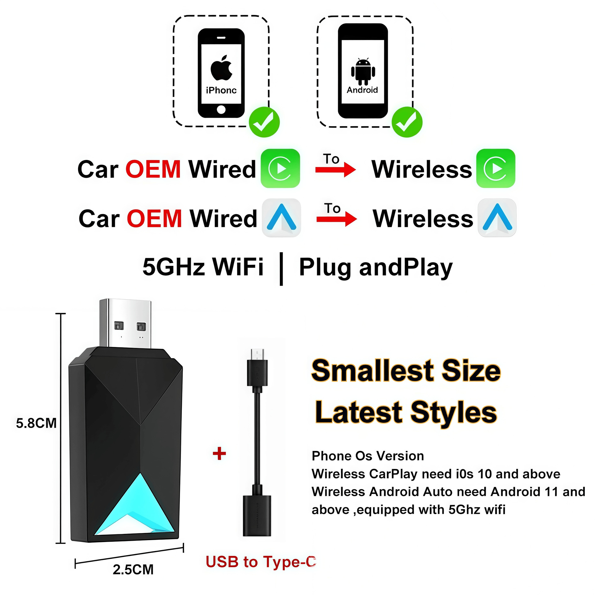 Original Car Wired-To-Wireless Carplay Box for Interconnection, Exclusively for Cross-Border Use, Compatible with Original Car Models for Wireless Upgrade