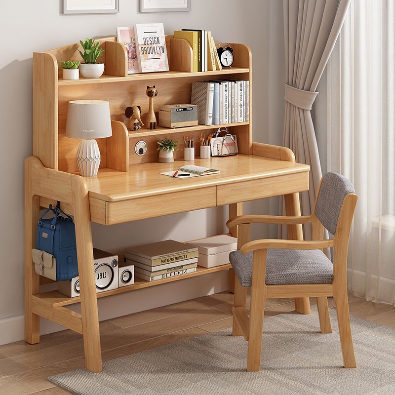 Children's Desk Solid Wood Study Table Primary School Students Home Writing Desk and Chair Set Homework Desk Bookshelf Combination Boys and Girls