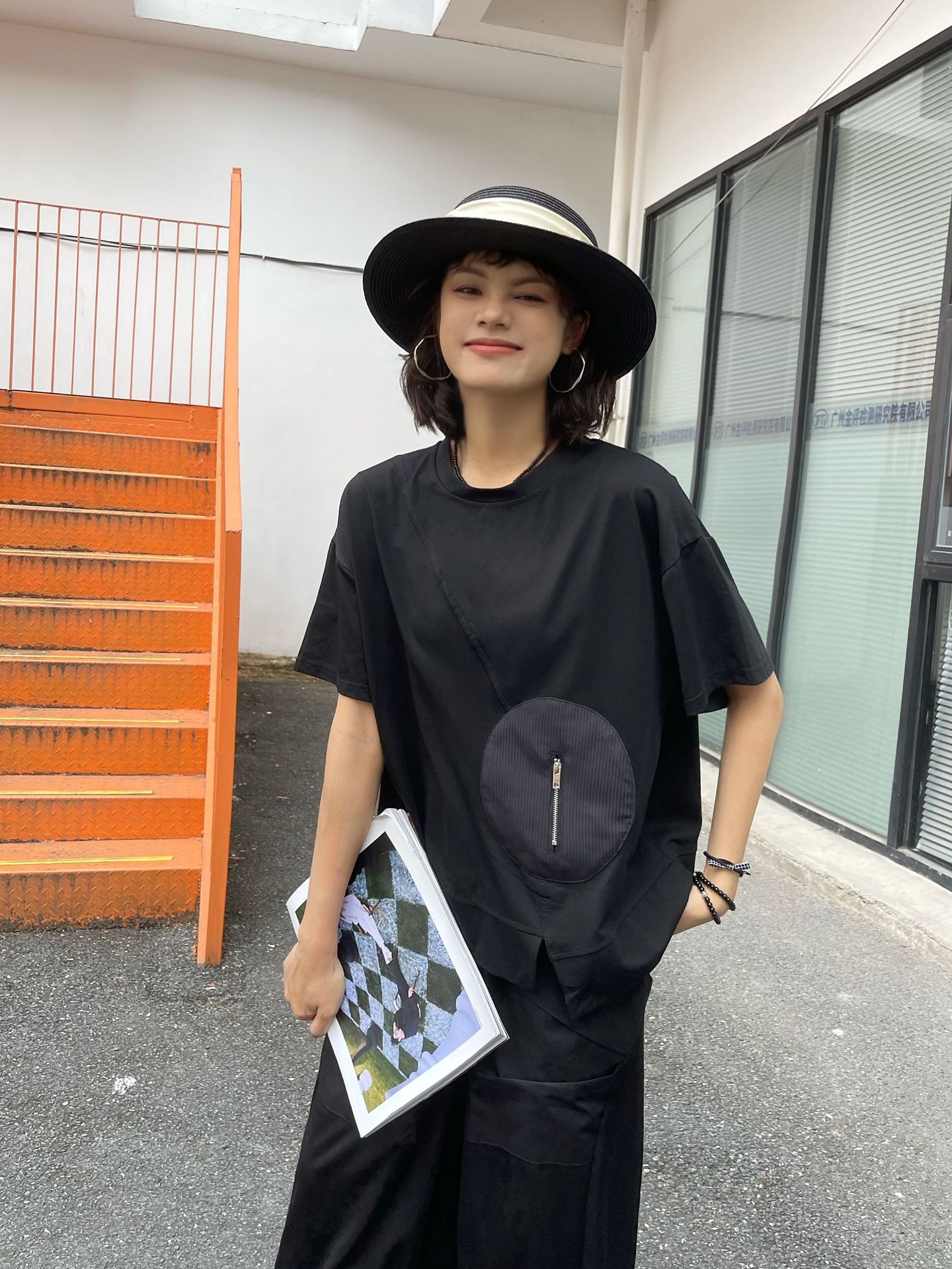 250373暗黑系山本风潮女装夏季新款不规则口袋拉链圆领短袖T恤潮 pic 7