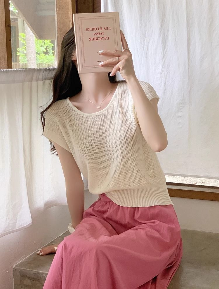 Áo thun dệt kim tay ngắn nữ 2026 mỏng nhẹ thoáng khí form ôm sát — xanh lam, Tên, Đỏ tươi, màu trắng ngà chi tiết 3
