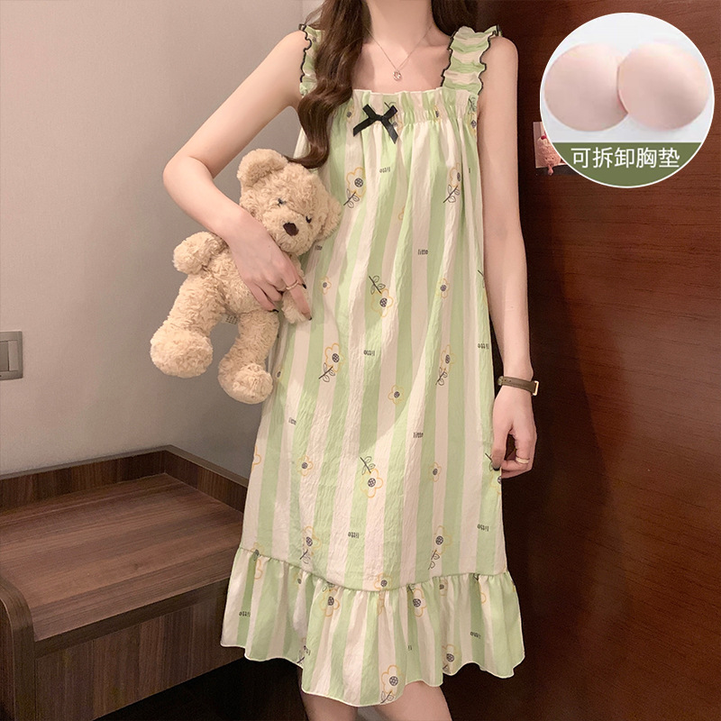 Summer new loose plus size vest dress casual Korean style tie chest pad detachable pajamas women's homewear