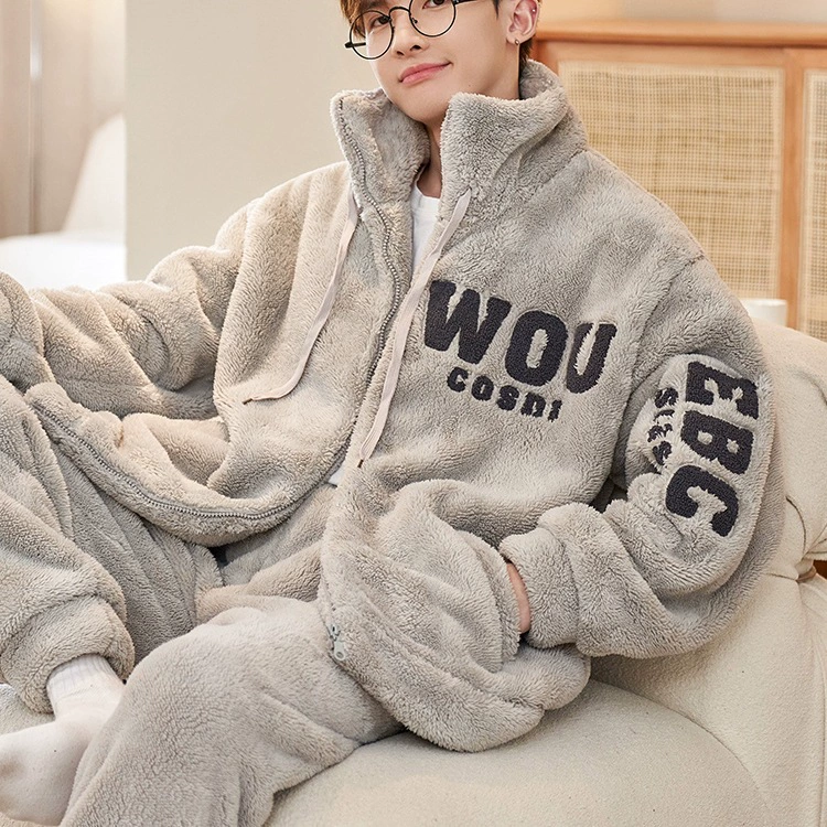 Мужской зимний пижамный костюм из кораллового бархата fleece, утепленный фланелевый демисезонный комплект, увеличенная толщина, плюс размер
