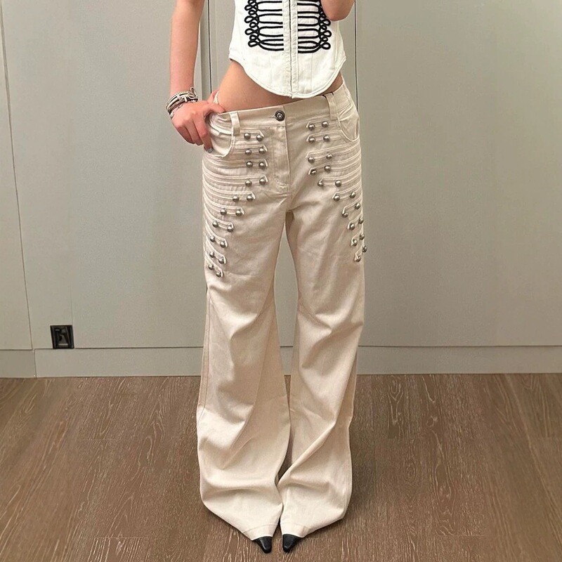 European and American cross-border Y2K hot girl jeans with metal buckles, street retro hot girl straight wide-leg pants
