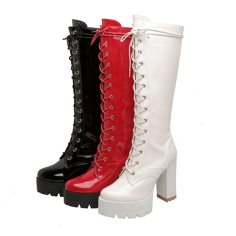 Round Head Strap Women's Boots Knight Boots But Knee Long Boots Waterproof Platform Thick Heel Long Barrel High Heel Women's Thick Bottom Knee-High Boots