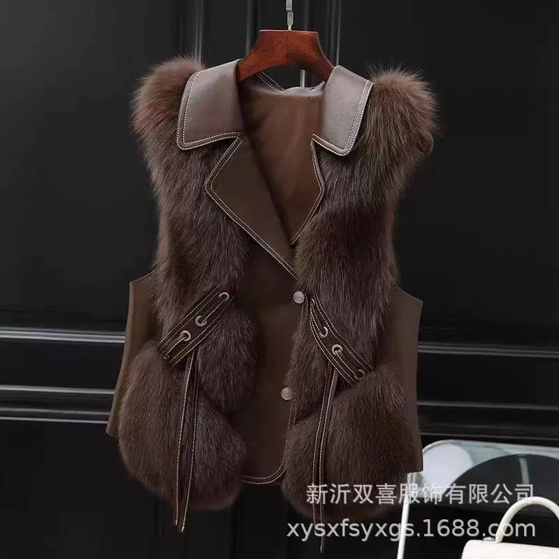 Женский жилет из лисьего меха Faux Fox Fur Vest Haining (женщины), casual тёплый жилет на осень–зиму с вставками
