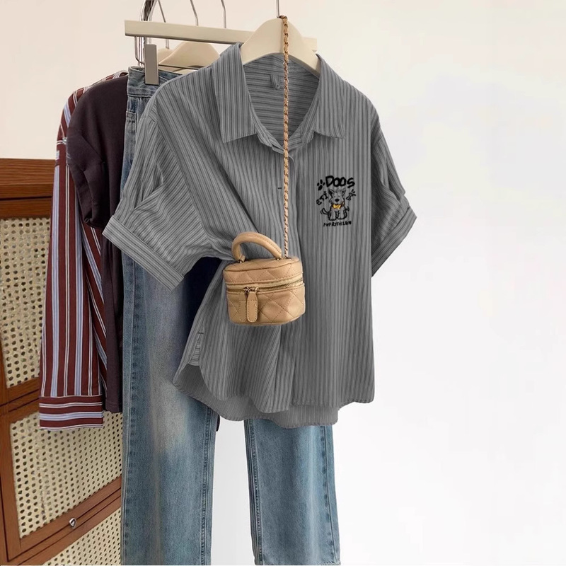 Korean Style Elegant Polo Collar Striped Shirt Women's 2025 New Summer Shoulder Shirt Design Belly Covering Top