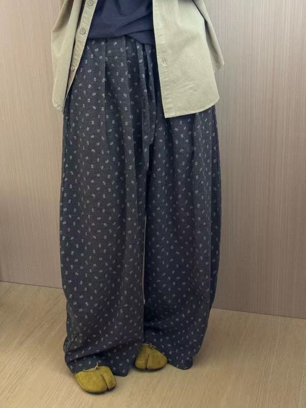 韩系复古小清新碎花阔腿裤女秋季宽松松紧高腰慵懒风垂感直筒长裤|undefined