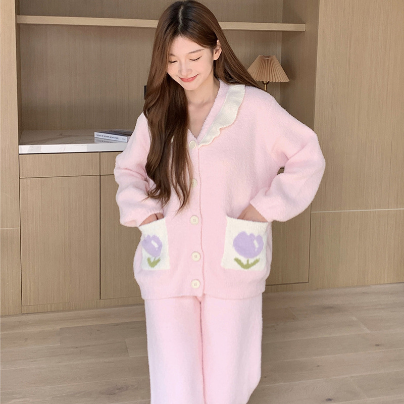 23 Otoño e Invierno medio terciopelo engrosado pijamas Tulip cardigan conjunto de dos piezas prendas de vestir exteriores homewear para las mujeres