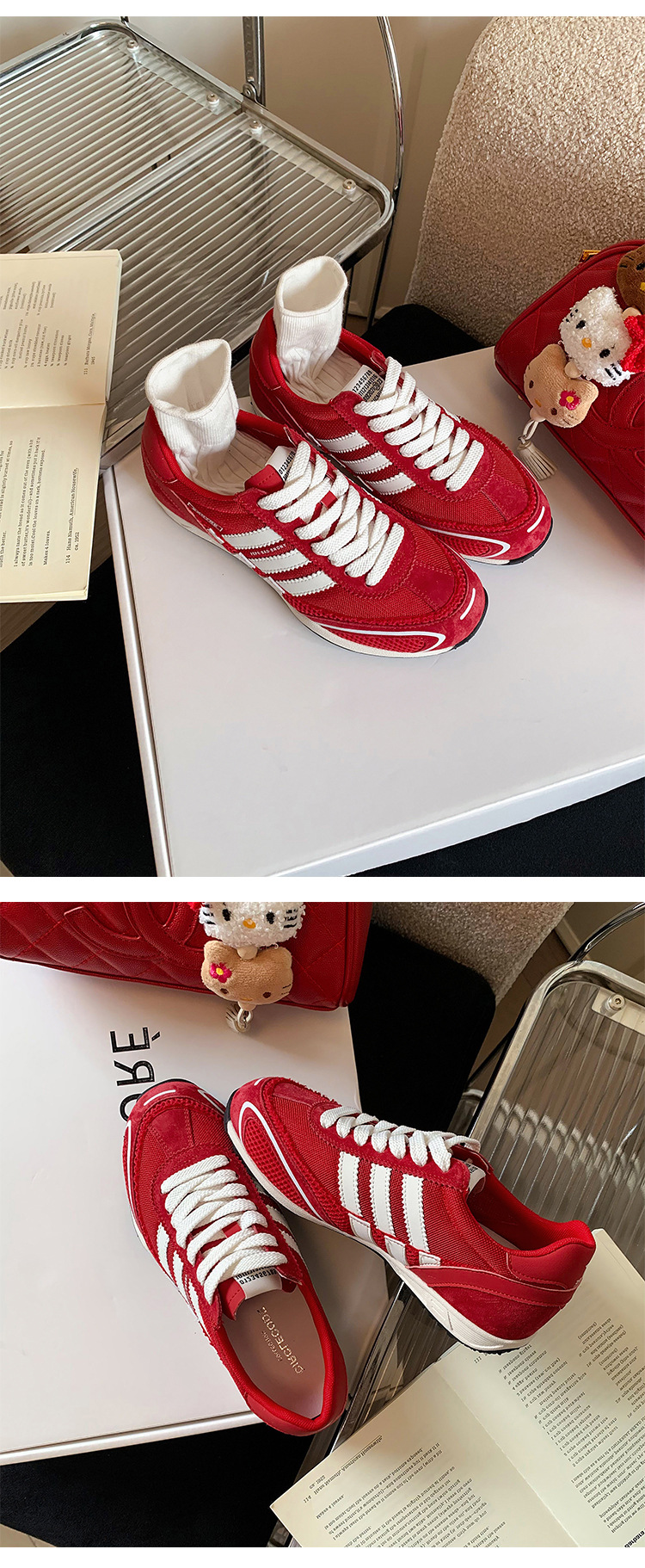 Giày sneaker nữ đế dày phong cách retro cổ điển, tăng chiều cao nhẹ, thoáng khí — xanh lam, màu đỏ chi tiết 5