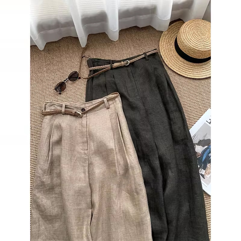 Ready to Ship ~ This Year’S Popular Khaki Linen Wide-Leg Pants for Women ◆ High-Waisted Slimming and Relaxed Straight Casual Pants