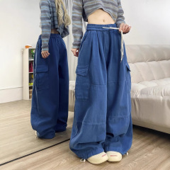 純綿のドーパミンの紺色の工装のズボンの男女の春夏のヒップホップギャルのゆったりとした広足のモップのズボンのカジュアルなズボンのファッション