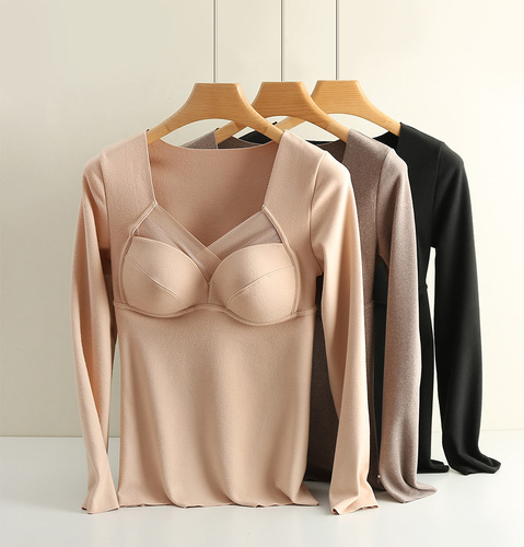 Women's Long-Sleeve Integrated Fixed Cup Self-Heating Bra Top with V-Neck Long-Sleeve Undercoat for Ladies