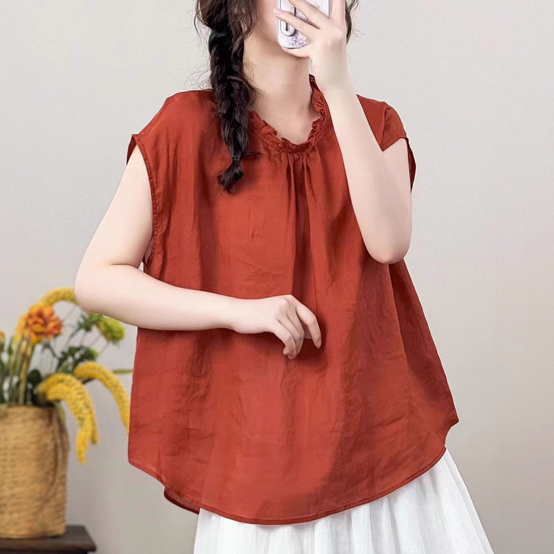2025 Summer New Style Literary Retro Ramie Pure Color Lace Collar Pullover Niche Versatile Reversible Shirt for Women