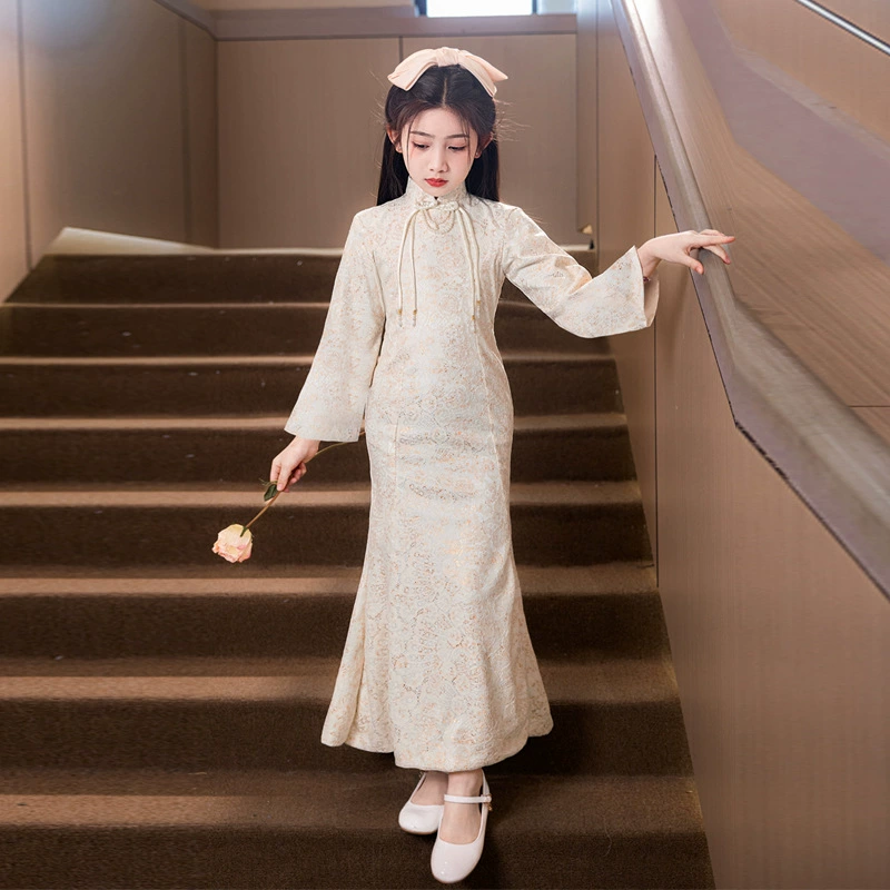 Детское платье-ципао в китайском стиле для девочек, кружевное, с коротким рукавом, фасон «рыбий хвост», с разрезом, для выступлений, для старших детей, модель для девочек 6 лет