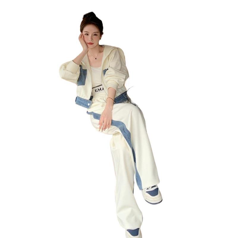 白色牛仔拼接休闲运动套装女春秋2025新款两件套流行减龄学院风|undefined