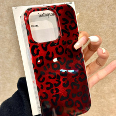 ins酒红满屏黑色豹纹适用苹果16/15promax手机壳iPhone14/13/12女