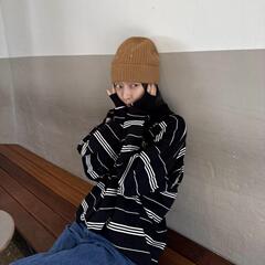 韩国chic 2025秋季新款韩版BF风宽松条纹针织长袖polo衫女上衣