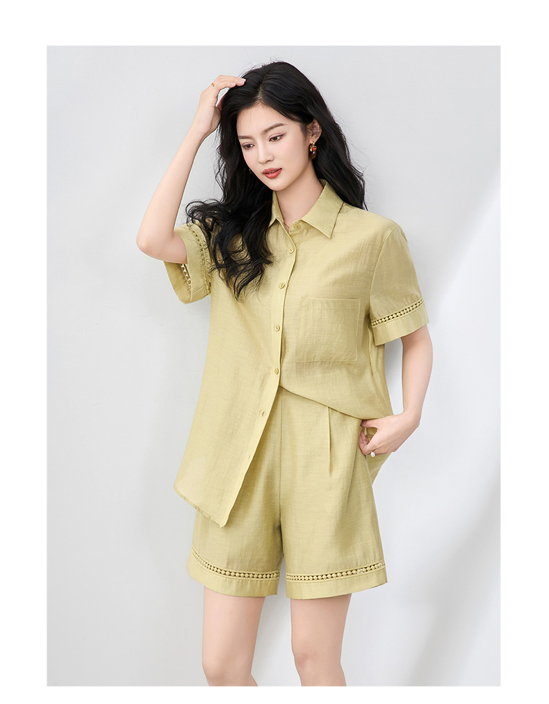 Áo sơ mi khoác pha vải lanh Tencel tay dài + quần short rộng thùng thình bộ hai mảnh mùa hè — Màu trắng chi tiết 7