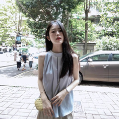 夏季新款设计感小众辣妹气质无袖挂脖法式上衣T恤纯欲风衬衫女士