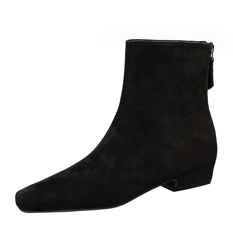 937-1 Korean Retro Style Chunky Heel Martin Ankle With Back Zipper, Suede Square Toe Single Boots, Fashion Short Boots_vogvips.com