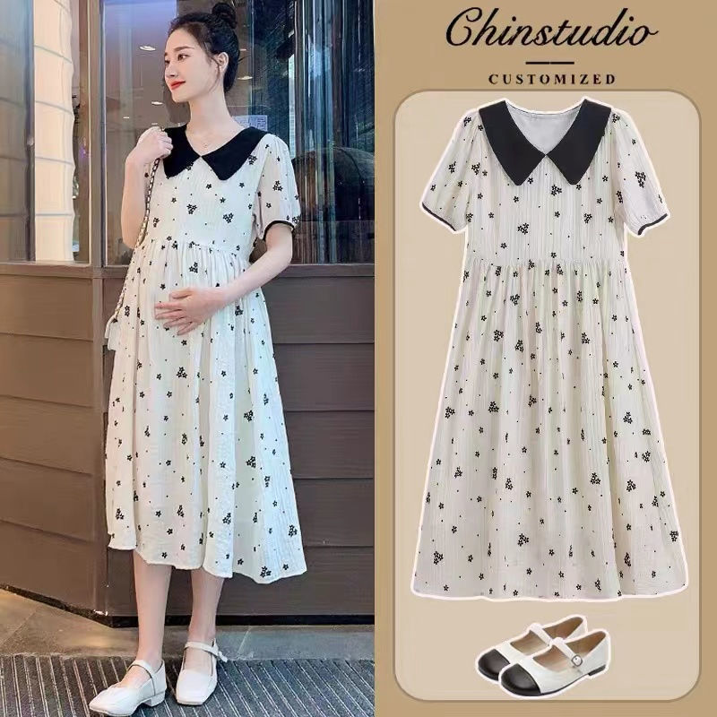 pregnant woman Summer wear Dress Chao Ma Lapel Easy maternity dress summer Short sleeved Mid length version pregnant woman skirt