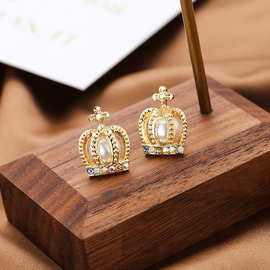欧美时尚跨境潮流小皇冠彩钻耳钉韩版精巧气质珍珠女式耳环耳饰