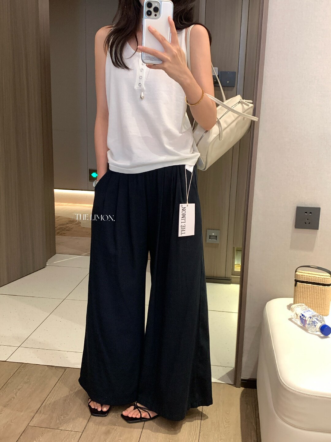 Quần ống rộng nữ vải linen phối cotton dáng suông mùa hè — Xám gạo, Xanh xám nhạt, Xanh đen, Cam bí ngô chi tiết 30