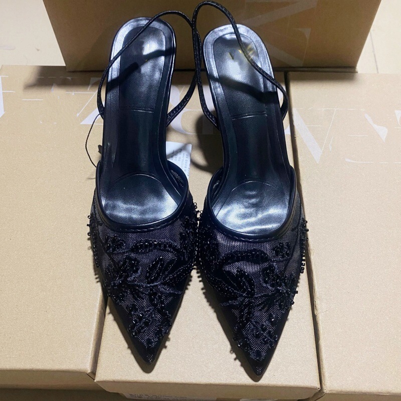 Za Spot 2025 New Autum Pointed Toe Toe Back Hollow Pure Color Embroidered Mesh Stiletto Heel Mule Sandals