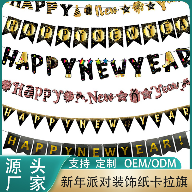 Bandera de oro negro Año Nuevo Bandera de extracción Feliz Año Nuevo Bandera de cola de pez Bandera de triángulo Año Nuevo decoración de año nuevo traje de bandera de extracción