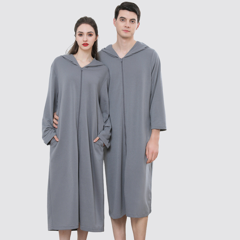 In-Stock Amazon Same Style Zip-Up Bathrobe Couple Summer Hooded Robe Thin Sleepwear Women's Long Nightgown Summer