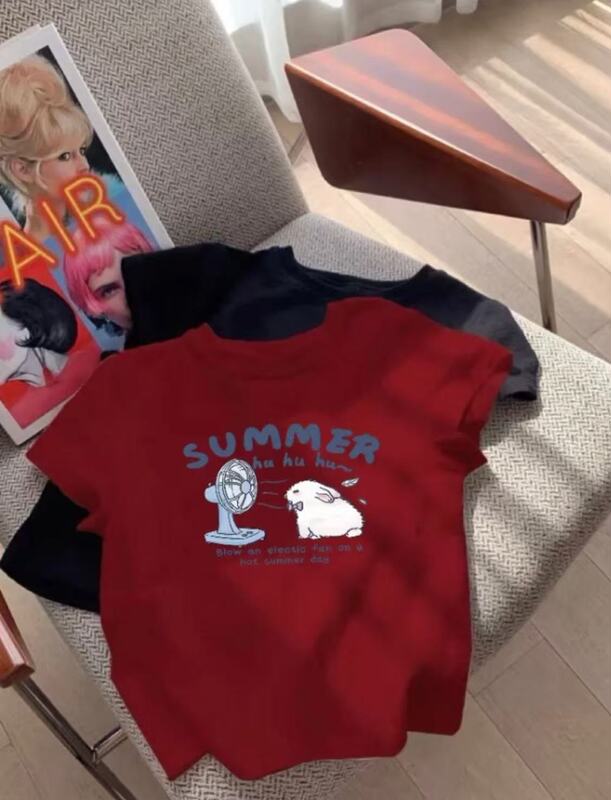 2025 夏の新漫画かわいいウサギのプリントデザイン半袖 Tシャツカジュアル多用途半袖トップ女性のための|undefined