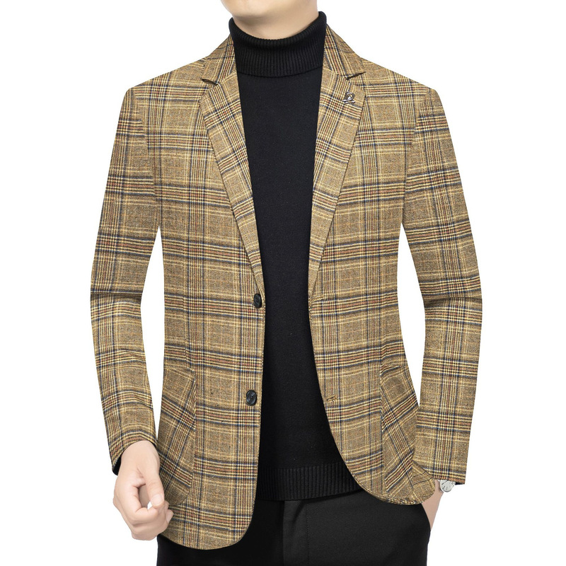 2025 Spring New Fashion Casual Young Men's Suit Jacket Korean Handsome Dad's Plaid Suit
