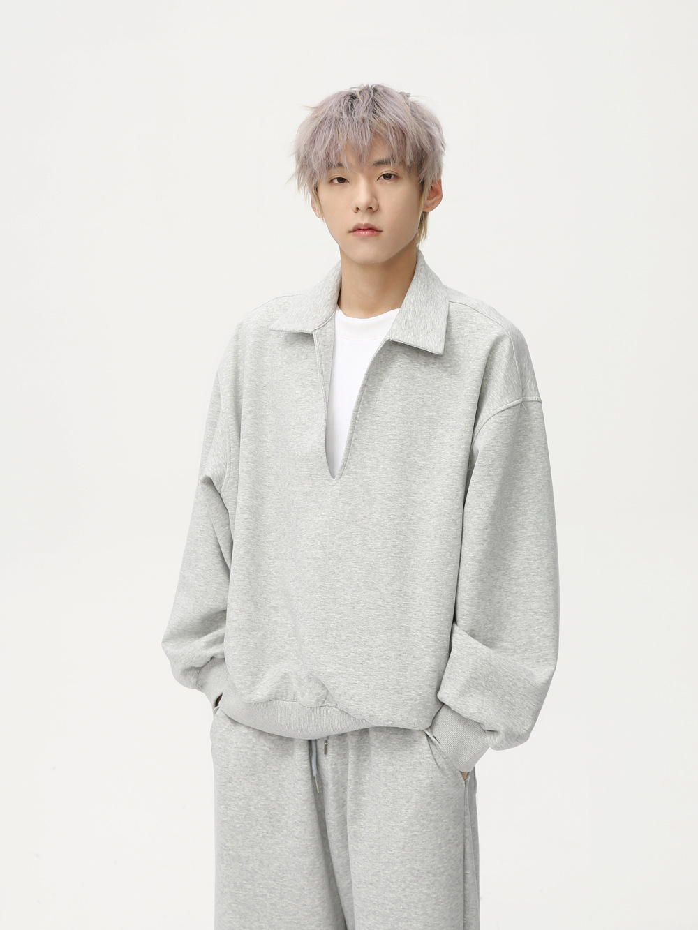 MTLCLOTHES Hombres| Coreano sólido minimalista estilo deportivo casual diario V-collar suelto conjunto versátil