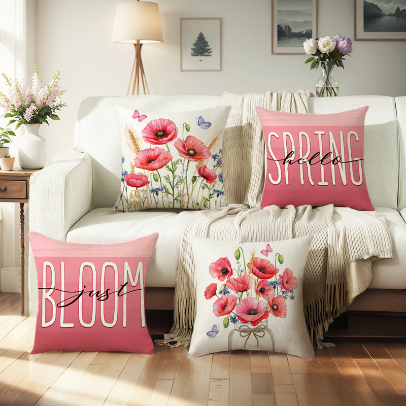 Cross-Border Spring Pink Flower Pillow Cover Linen Printed Letters Floral Decoration Living Room Sofa Cushion Cover Wholesale
