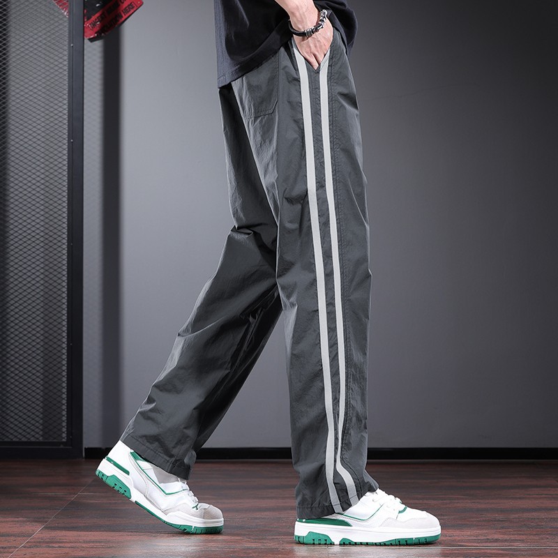 Grey Casual Pants Men's Summer Thin Loose Straight Leg Pants 2025 New Arrival Striped High Street Trendy Drawstring Pants