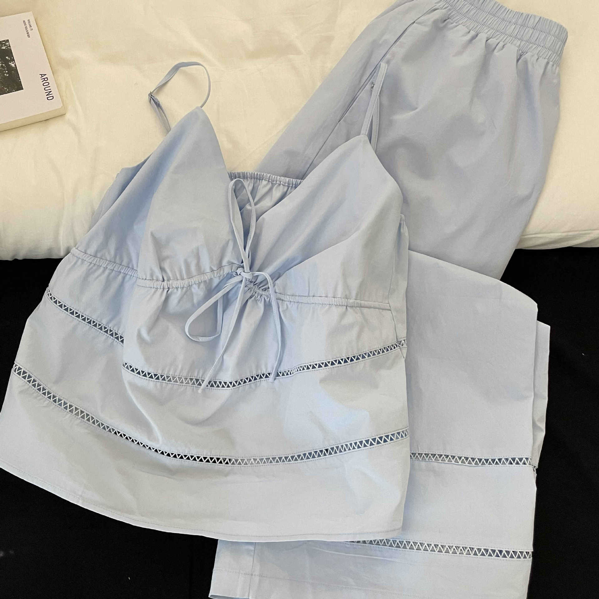 Pijamas de tirantes huecos puros coreanos estilo de verano para mujer 2025 nuevo estilo cómodo chaleco casual pantalones traje de servicio a domicilio