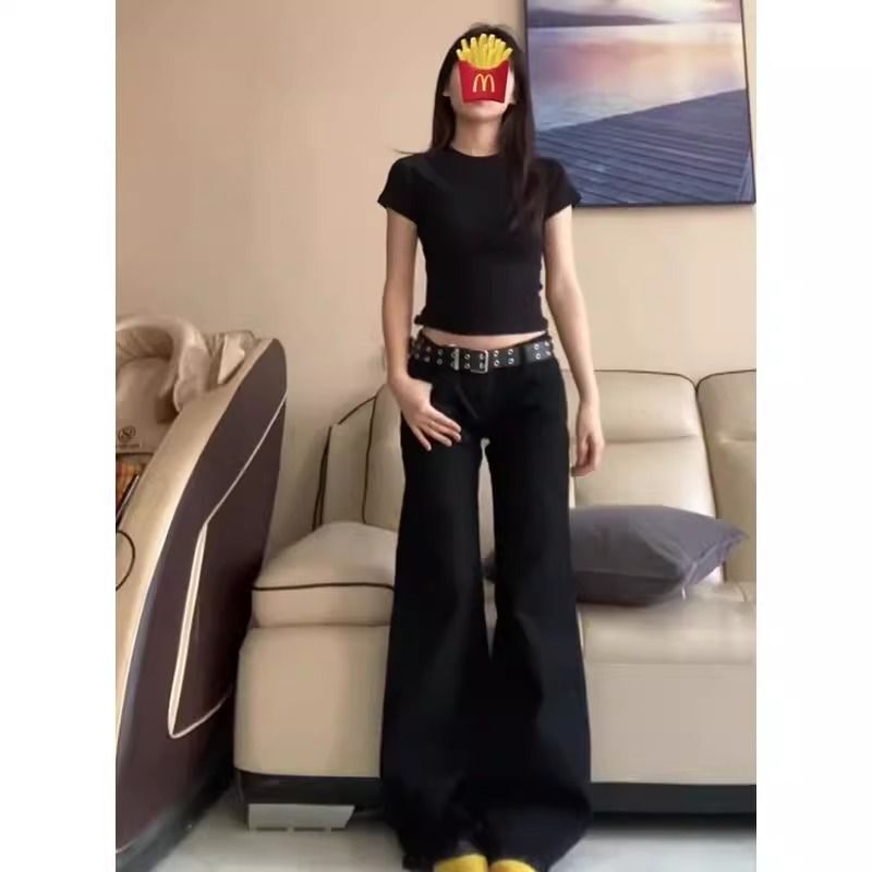 American Style plus size Hot Girl Black Washed Micro-flare Wide Leg Slimming Jeans Low Waist Loose Drape Trousers American Style plus size Hot Girl Black Washed Micro-flare Wide Leg Slimming Jeans Low Waist Loose Drape Trousers