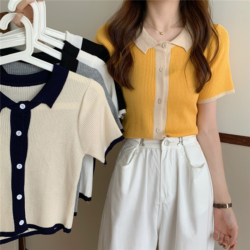 Polo collar Ice Silk short-sleeved knitted cardigan for women new summer short Chanel style slim-fit slimming bottoming top