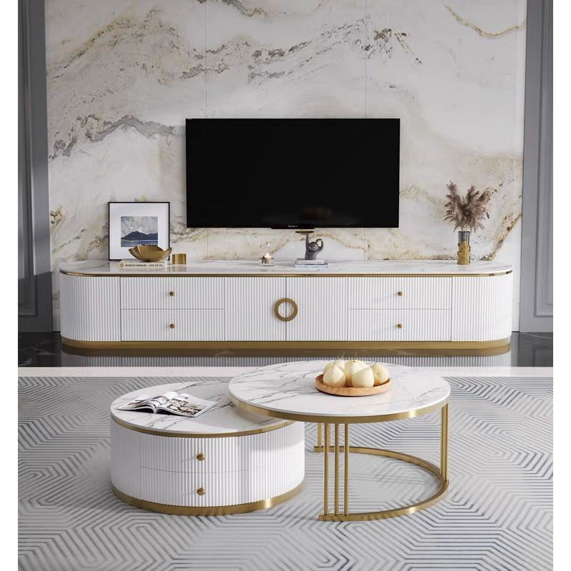 Light Luxury Coffee Table Small Size Round Coffee Table TV Cabinet Combination Household Living Room Modern Simple Rock Plate Telescopic Coffee Table Table