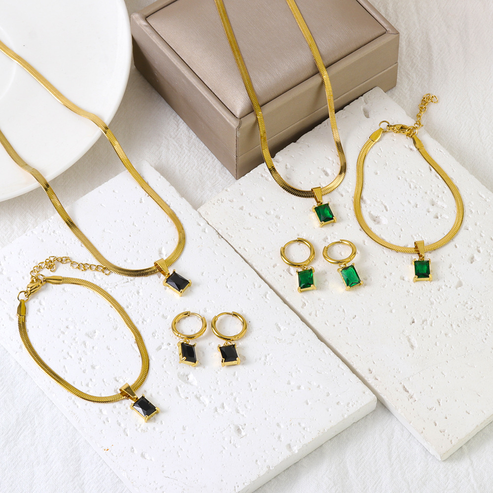 Cross-Border Amazon Crystal Zircon Square Diamond Necklace Bracelet Earrings Set Women's Titanium Steel Clavicle Chain Jewelry Wholesale